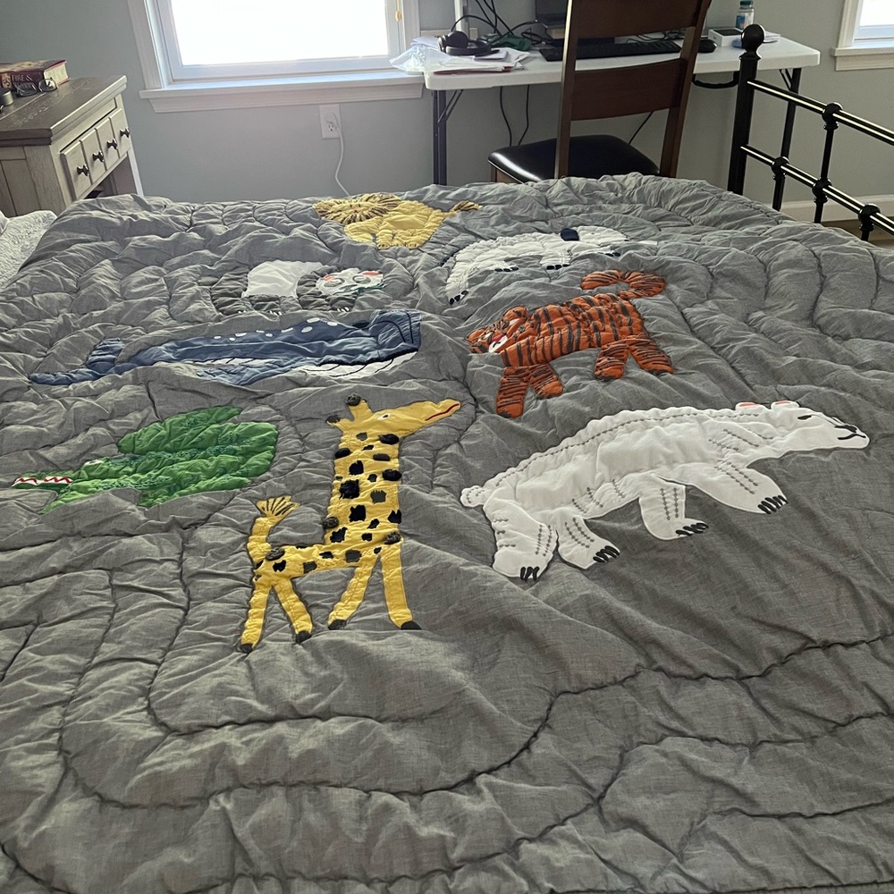 Pottery Barn Kids Gray Quilt with Colorful Animals